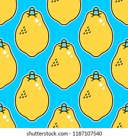 Seamles citrus lemon pattern. Yellow sticker style lemons on blue background.