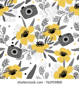 Seamles floral pattern with photo camera for print, textile. Background with flowers and camera for photographer.