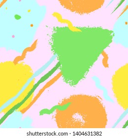 Seamles geometric pattern. Colorful ink spots, stripes. Triangle, circle, square. Vector hand drawn brush texture. For print for clothes, notebook, cover, fabric textile wrapping wallpaper backdrop
