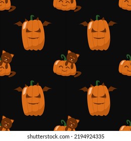Seamles Halloween pattern with big and small happy orange pumpkins with cat