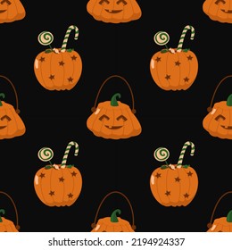 Seamles Halloween pattern with pumpkin with candy and happy orange pumpkins