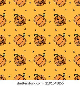 Seamles halloween pumpkin pattern. Halloween background with scary pumpkin
