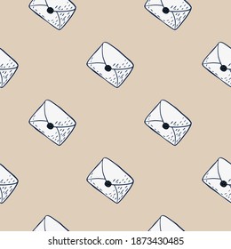 Presenta un patrón minimalista con correos de papel plano. Letras blancas de fondo beige. Ideal para el diseño de tela, impresión textil, envoltura, cubierta. Ilustración vectorial.