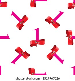 Seamles pattern for 1 year anniversary logo with red ribbon. Flat style texture vector illustration.