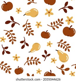 Seamles pattern apples, pears and autumn leaves. Autumn pattern