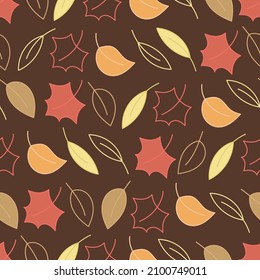 Seamles pattern with autumn leaves on dark brown background. Hand drawn design