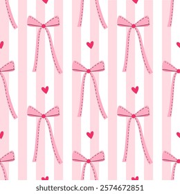 Seamles pattern with bows and hearts on a striped background. Pink bows print. Vector pattern with coquette ribbons in retro style.