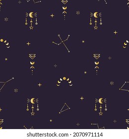 Seamles pattern with celestial bodies: stars, constellation, moon. Vector illustration with gradient on a dark background. Magic and withcy signs
