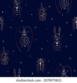 Seamles pattern with celestial bodies: stars, constellation, moon. Space insects. Vector illustration with gradient on a dark background. Magic and withcy signs