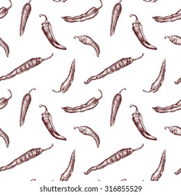 Seamles pattern with chilli peppers in red color. It can be used for stylish wrapping paper, package, napkins etc.