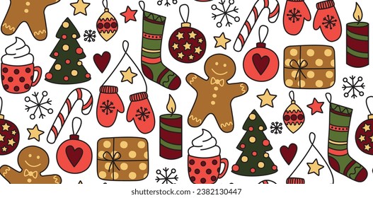 Seamles pattern with Christmas things. Hand drawn cute vector backdrop with socks, gingerbread, candles, gifts, stars, snowflakes, Christmas balls, gloves, cup of cocoa, candies, Christmas trees.