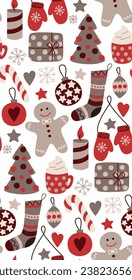 Seamles pattern with Christmas things. Hand drawn cute vector backdrop with socks, gingerbread, candles, gifts, stars, snowflakes, Christmas balls, gloves, cup of cocoa, candies, Christmas trees.