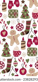 Seamles pattern with Christmas things. Hand drawn cute vector backdrop with socks, gingerbread, candles, gifts, stars, snowflakes, Christmas balls, gloves, Christmas trees, cup of cocoa, candies.