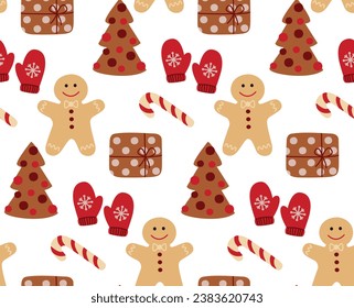 Seamles pattern with Christmas things. Hand drawn cute vector backdrop with gingerbread, gifts, gloves, candies, Christmas trees.