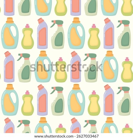 Seamles pattern with cleaning products. Background with bright detergent bottles