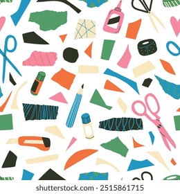 Seamles pattern with colored torn and cut paper pieces and collage supplies: scissors, glue, pencil. Geometric shapes. Trendy design for textile, paper. Art and craft, hobby concept. Vector flat  