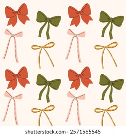 Seamles Pattern with colorful Bows. Cute Bows textile printing, baby clothes and wallpaper. Red, Green, pink and yellow ribbons. Vector illustration