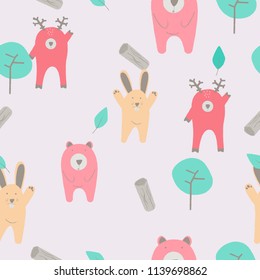 seamles pattern with cute animals  in cartoon style.