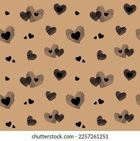 Seamles pattern with cute black doodle hearts and stars  on kraft paper background. Vector illustration for wrapping paper, decor, cards, backgrounds. Print design textile. 