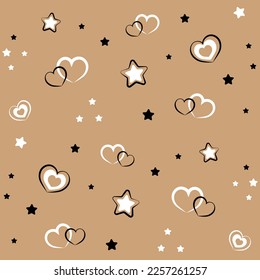 Seamles pattern with cute black doodle hearts on kraft paper background. Vector illustration for wrapping paper, decor, cards, backgrounds. Print design textile. 
