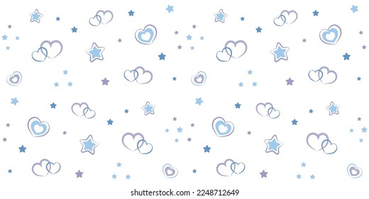 Seamles pattern with cute blue hearts and stars isolated on white background. Vector illustration for wrapping paper, decor, cards, backgrounds, textile. Print design textile for kids fashion. 
