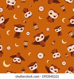 Seamles pattern with cute cartoon owl character in different poses, moon, laterns and compass, night travel ornate