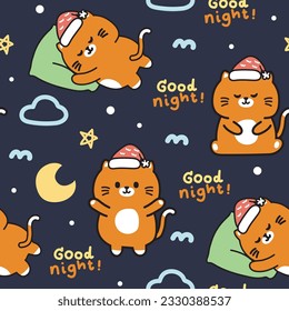 Seamles pattern of cute cat sleep with moon and good night text on night sky background.Pet animal character cartoon design.Baby clothing.Kawaii.Vector.Illustration.