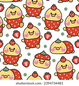 Seamles pattern of cute chicken strawberry costume on white background.Farm animal character cartoon desing.Baby graphic.Bird.Hen.Chick.Fruit.Kawaii.Vector.Illustration.