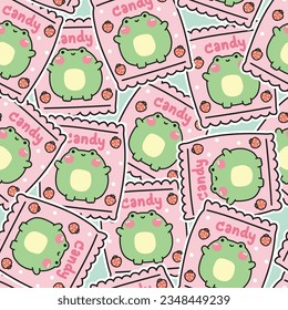 Seamles pattern of cute chubby frog on candy package sticker background.Reptile animal character cartoon design.Baby clothing.Strawberry flavor.Sweet.Kawaii.Vector.Illustration.