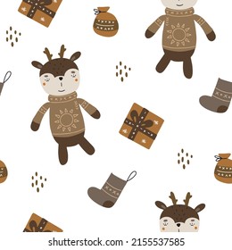 seamles pattern with a cute deer in a sweater with christmas decorations. vector illustration isolated on white background for your design