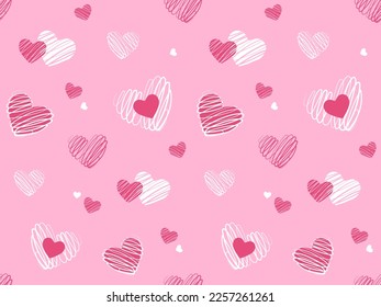 Seamles pattern with cute doodle hearts on pink background. Vector illustration for wrapping paper, decor, cards, backgrounds on Valentine's Day. Print design textile for kids fashion. 
