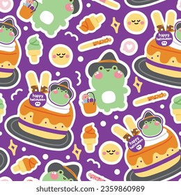 Seamles pattern of cute frog witch hold candy stciker background.Hallooween concept.Reptile animal character cartoon design.Ice cream,cake,dessert hand drawn.Kawaii.Vector.Illustration.