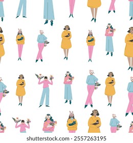 Seamles pattern. Cute girls are going to a costume party.  Flat illustration. Transparent background. Design placat, banner, card