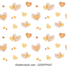 Patrón de selvas con corazones de doodle lindos anaranjados y amarillos aislados en fondo blanco. Ilustración vectorial para envolver papel, decoración, tarjetas, fondos. Imprimir textil de diseño para moda infantil. 
