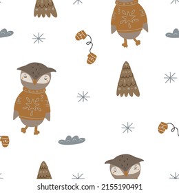 seamles pattern with a cute owl in a sweater with christmas decorations. vector illustration isolated on white background for your design