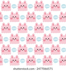 Seamles pattern of cute rabbit in curve shape hand drawn.Bunny.Easter.Cartoon animals character design.Image for card,poster,baby clothing.Kawaii.Vector.Illustration.