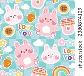 Seamles pattern of cute rabbit with various icon on blue background.Rodent animal character cartoon design.Rainbow,carrot,strawberry jam,sunflower,cloud hand drawn.Kawaii.Vector.Illustration.