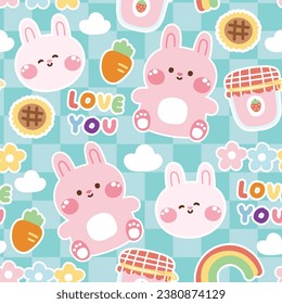 Seamles pattern of cute rabbit with various icon on blue background.Rodent animal character cartoon design.Rainbow,carrot,strawberry jam,sunflower,cloud hand drawn.Kawaii.Vector.Illustration. svg