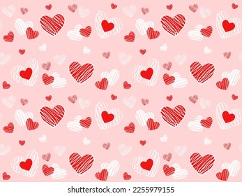 Seamles pattern with cute red and white doodle hearts on pink background. Vector illustration for wrapping paper, decor, cards, backgrounds on Valentine's Day. Print design textile for kids fashion. 
