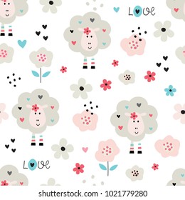 Seamles pattern with cute sheep and flowers