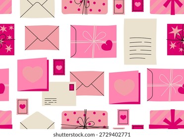 Patrón sin fisuras con la carta de amor del día. Fondo de Vector de San Valentín con una carta de amor y corazones. Día de San Valentín sobre correo, corazón rojo, carta de San Valentín, amor de Boda