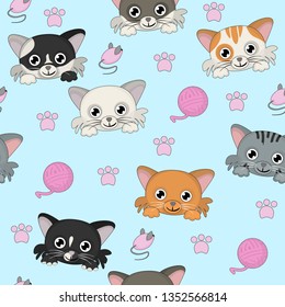 Seamles pattern with different cats heads Cute vector background with cats.