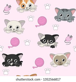 Seamles pattern with different cats heads Cute vector background with cats.