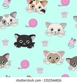 Seamles pattern with different cats heads Cute vector background with cats.