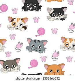 Seamles pattern with different cats heads Cute vector background with cats.