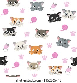 Seamles pattern with different cats heads Cute vector background with cats.
