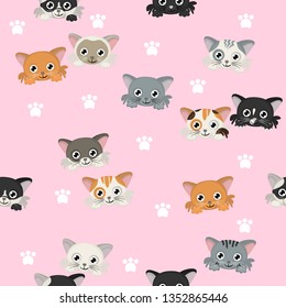 Seamles pattern with different cats heads Cute vector background with cats.