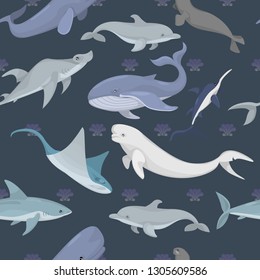 Seamles pattern with different ocean dwellers. Vector.