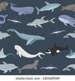 Seamles pattern with different ocean dwellers. Vector.