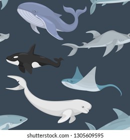 Seamles pattern with different ocean dwellers. Vector.